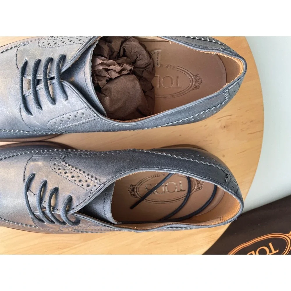 Tod's Men's Derby Bucature Cuoio SY Grey Leather Oxford shoes, Size UK 7 (US 8)